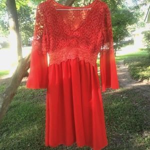 Orange Lace Bell Sleeve Festival Mini Dress